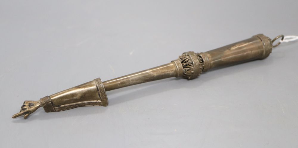 A late 19th century? Russian 84 zolotnik torah pointer, dated 1896?, marks rubbed, overall 25.8cm, 92 grams.